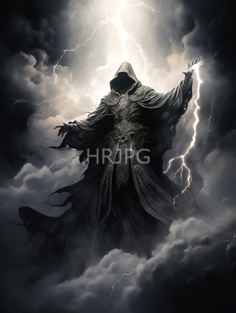 High Resolution: Ominous hooded figure elaborate dark robes intricate gold patterns standing amidst stormy clouds bright lightning bolts emanating download. | HRJPG.com