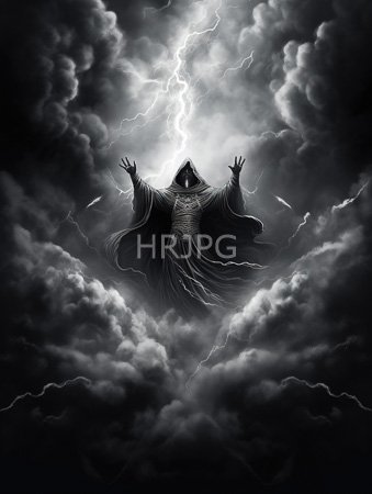 High Resolution: Ominous hooded figure outstretched arms rising from dark clouds illuminated by lightning bolts flowing robes skeletal face eerie presence download. | HRJPG.com
