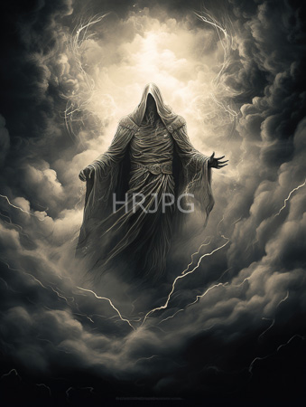 High Resolution: Ominous hooded figure draped robes standing amidst swirling clouds and lightning bolts at its base bright light emanates download. | HRJPG.com