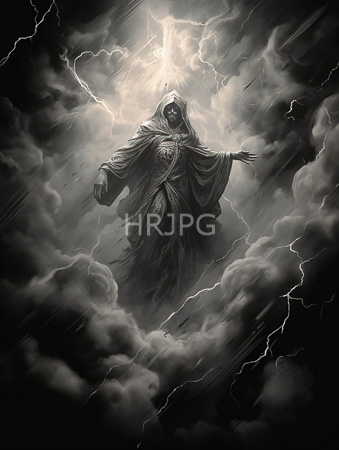 High Resolution: Ethereal hooded figure in tattered robes standing amidst dark clouds illuminated by lightning bolts during heavy rain download. | HRJPG.com