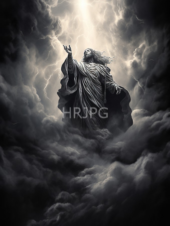 High Resolution: Ethereal long-haired figure in flowing dark robes ascending through dramatic black gray clouds towards bright light one arm raised download. | HRJPG.com