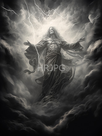 High Resolution: Monochromatic bearded male figure long hair standing amidst swirling clouds surrounded by bright lightning bolts emanating flowing robes download. | HRJPG.com