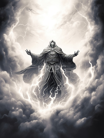 High Resolution: Ethereal hooded figure outstretched arms standing amidst swirling clouds surrounded by bright lightning bolts emanating grayscale tones download. | HRJPG.com
