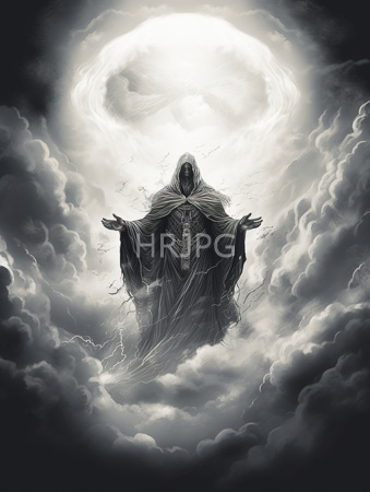 High Resolution: Ethereal hooded figure outstretched arms standing amidst swirling clouds radiant light at its center intricate patterns glowing white energy download. | HRJPG.com