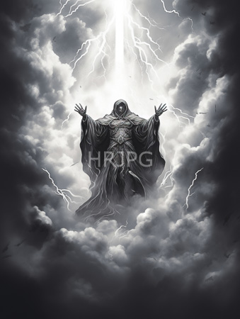High Resolution: Ethereal hooded figure outstretched arms standing amidst dark clouds illuminated by bright lightning bolts intricate robes detailed textures download. | HRJPG.com