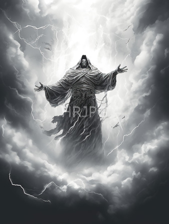 High Resolution: Imposing hooded figure outstretched arms standing amidst dramatic clouds and lightning bolts grayscale tones intricate patterns on their garment download. | HRJPG.com