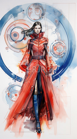 High Resolution: Watercolor-style illustration elegant woman pale skin long black hair wearing a red high-collared coat mid-thighs blue knee-high boots download. | HRJPG.com