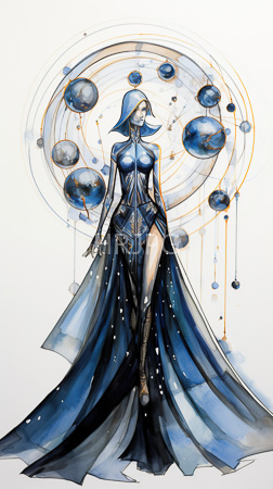 High Resolution: Watercolor illustration ethereal slender woman pale skin blonde hair in a blue hooded dress intricate patterns circular background silver-blue spheres download. | HRJPG.com