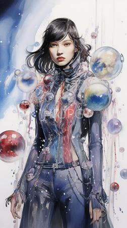 High Resolution: Asian woman shoulder-length black hair wearing a semi-transparent blue red bodysuit adorned in colorful bubbles around her shoulders download. | HRJPG.com