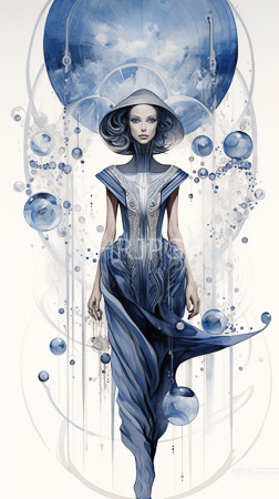 High Resolution: Ethereal slender woman pale skin dark wavy hair wearing a blue dress adorned in intricate patterns floating spheres abstract geometric shapes download. | HRJPG.com