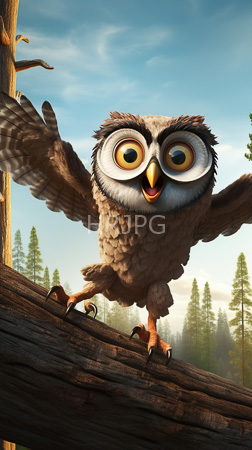 High Resolution: Anthropomorphic owl large expressive yellow eyes brown feathers perched on a wooden log pine trees clear blue skies download. | HRJPG.com