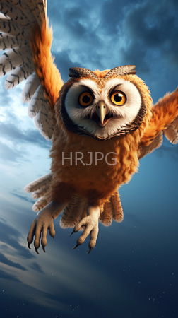 High Resolution: Anthropomorphic owl vibrant orange white feathers large yellow eyes sharp claws extended forward as it flies against a dramatic blue sky download. | HRJPG.com