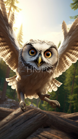 High Resolution: Animated owl large expressive yellow eyes detailed feathers shades of brown white flying towards the viewer over crossed wooden logs download. | HRJPG.com