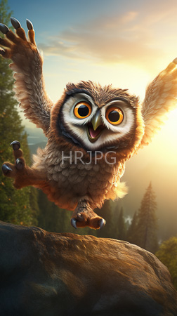 High Resolution: Vibrant cartoon owl large yellow eyes fluffy brown feathers mid-flight against an orange sunset sky forest setting outstretched wings download. | HRJPG.com