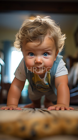 High Resolution: Adorable blonde-haired toddler blue eyes crawling on all fours indoors wearing light gray vest over white shirt yellow graphic tee download. | HRJPG.com