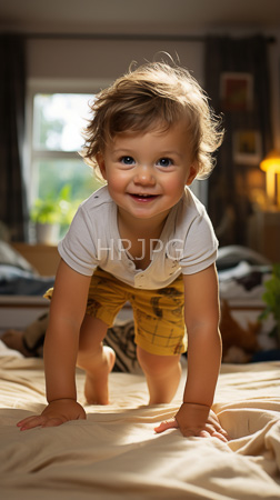 High Resolution: Adorable light-skinned toddler curly brown hair blue eyes crawling on beige bed sheets cozy bedroom white short-sleeve shirt download. | HRJPG.com