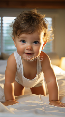 High Resolution: Adorable light-skinned toddler tousled brown hair bright blue eyes crawling on white bed sheets soft sunlight sleeveless beige onesie download. | HRJPG.com