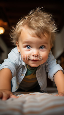 High Resolution: Adorable blonde-haired toddler bright blue eyes fair skin crawling on all fours indoors wears a light-blue button-up shirt striped clothing download. | HRJPG.com