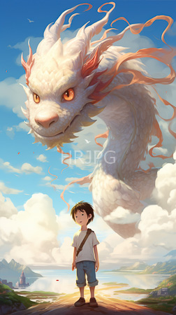 High Resolution: Asian boy short black hair wearing blue shorts white t-shirt standing on path under bright sky majestic dragon fluffy white fur download. | HRJPG.com