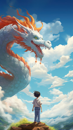 High Resolution: Anime-style scene young boy black hair in pigtails wearing blue jeans white shirt standing on rocky terrain facing a large dragon download. | HRJPG.com