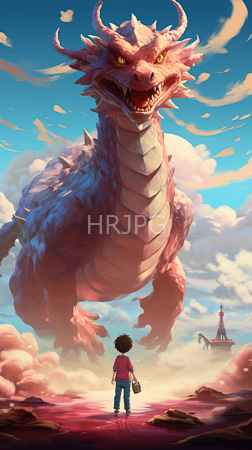High Resolution: Enormous pink-scaled dragon sharp horns yellow eyes looming over a small child standing on rocky terrain by water's edge download. | HRJPG.com