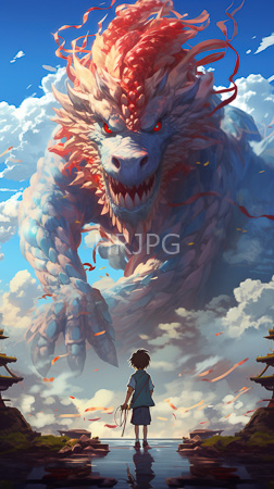 High Resolution: Anime-style scene young boy short brown hair wearing blue shirt gray shorts standing in front of towering dragon-like creature emerging from clouds download. | HRJPG.com