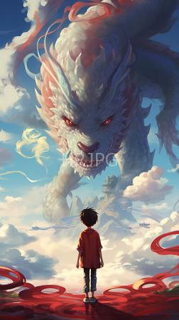 High Resolution: Anime-style scene young boy black hair wearing red shirt blue pants standing on rocky terrain facing giant dragon in cloudy sky download. | HRJPG.com
