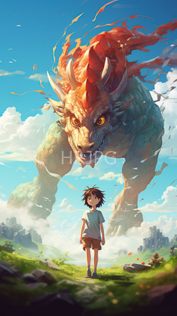 High Resolution: Anime-style scene vibrant colors dynamic lighting small boy white t-shirt brown shorts standing on grassy terrain towering dragon-like creature download. | HRJPG.com