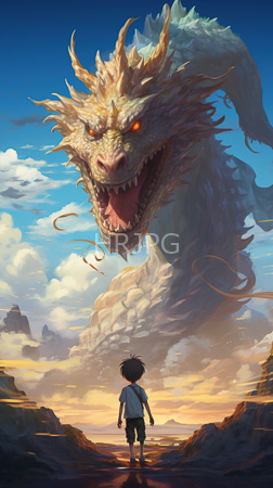 High Resolution: Anime-style scene small boy black hair wearing white shirt blue shorts standing in front of towering dragon against sunset sky download. | HRJPG.com