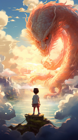High Resolution: Fantasy anime-style child short black hair wearing white shirt red shorts standing on rocky island at sunset fiery-red dragon coiled download. | HRJPG.com