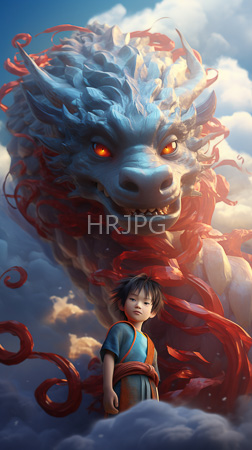 High Resolution: Asian boy short black hair wearing blue orange traditional clothing standing before a massive dragon-like creature amidst clouds download. | HRJPG.com