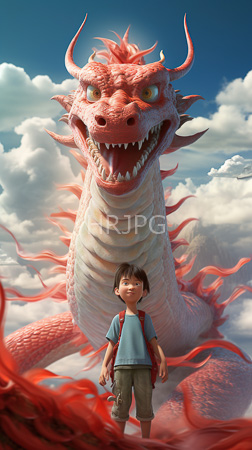 High Resolution: Excited young boy short brown hair wearing blue shirt khaki shorts red backpack standing in front of towering pink dragon download. | HRJPG.com