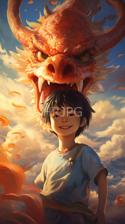 High Resolution: Asian boy short black hair smiling confidently in front of a large fiery dragon's head against a cloudy sky backdrop download. | HRJPG.com