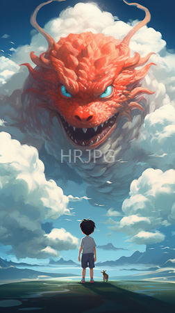 High Resolution: Anime-style scene small boy black hair wearing white shirt blue shorts standing on grassy field beside his dog giant red dragon's head download. | HRJPG.com