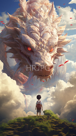 High Resolution: Enormous white-scaled dragon glowing red eyes sharp horns looming in cloudy sky above small child standing on mossy rock download. | HRJPG.com