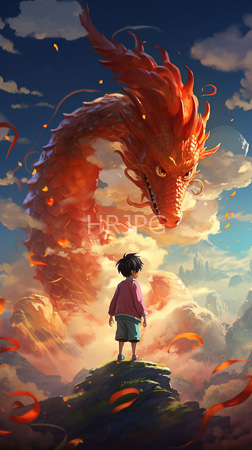 High Resolution: Asian boy black hair wearing pink shirt green shorts standing on rocky hilltop facing giant red dragon serpent coiling in sky download. | HRJPG.com
