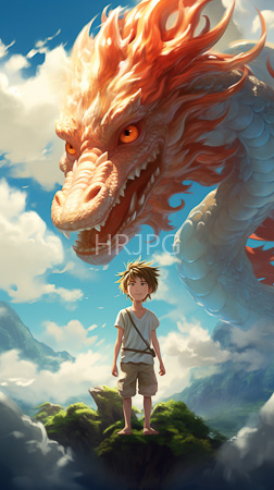 High Resolution: Anime-style scene young boy spiky brown hair wearing white tunic beige shorts standing on green mossy rock towering red-orange dragon download. | HRJPG.com
