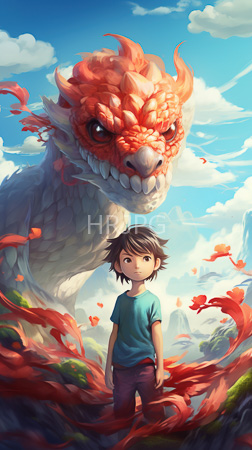 High Resolution: Fantasy anxious young boy brown hair green shirt standing before towering fiery red dragon-like creature in vibrant landscape download. | HRJPG.com