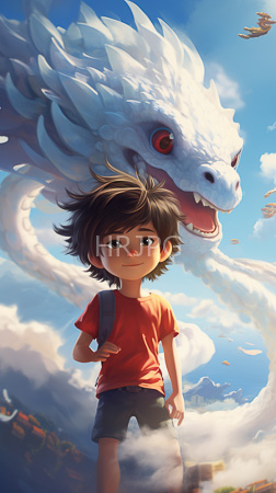 High Resolution: Anime-style young boy dark tousled hair brown eyes wearing red shirt black shorts standing in front of towering white dragon download. | HRJPG.com