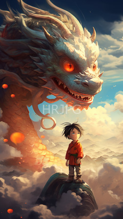 High Resolution: Asian boy black spiky hair wearing red green traditional clothing standing on a cloud-covered mountain peak facing a large dragon-like creature download. | HRJPG.com