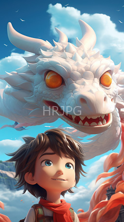 High Resolution: Animated young boy brown hair blue eyes wearing a red scarf against bright sky background large white dragon head above him download. | HRJPG.com