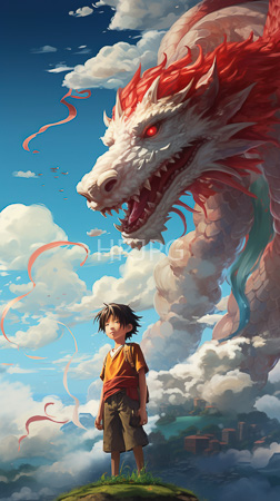 High Resolution: Anime-style scene young boy black spiky hair wearing orange brown clothes standing on grassy hilltop under blue sky large red-eyed dragon download. | HRJPG.com