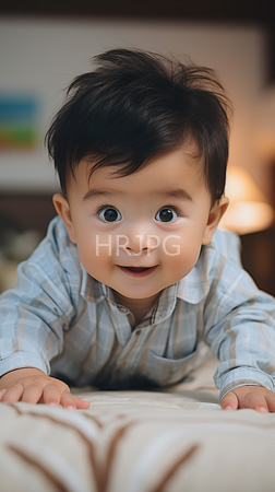 High Resolution: Adorable Asian baby boy dark slightly tousled hair large brown eyes looking directly at the camera crawling on beige bedding download. | HRJPG.com