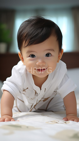 High Resolution: Adorable Asian baby smooth dark hair large black eyes smiling while crawling on white bed sheets softly lit bedroom download. | HRJPG.com