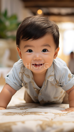 High Resolution: Adorable Asian toddler dark brown hair lying on his stomach and smiling at the camera in a brightly lit room download. | HRJPG.com