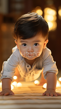 High Resolution: Asian toddler dark hair wearing light gray button-up shirt rolled sleeves crawling on wooden floor adorned by soft-focus warm fairy lights download. | HRJPG.com