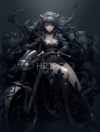 High Resolution: Anime-style woman dark flowing hair red eyes riding a black motorcycle amidst three menacing wolf-like creatures shadowy surroundings download. | HRJPG.com