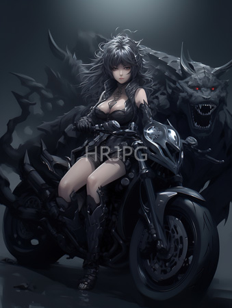 High Resolution: Anime-style female warrior dark spiky hair red eyes sitting on a black motorcycle in front of her menacing wolf-like companion download. | HRJPG.com