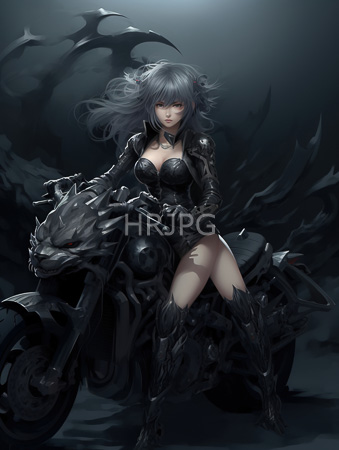 High Resolution: Anime-style woman silver hair red eyes wearing black armored clothing reveals cleavage and thighs sitting on a dark menacing motorcycle download. | HRJPG.com