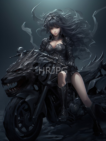 High Resolution: Anime-style woman long flowing black hair pale skin sitting on a dark motorcycle adorned with skeletal features resembling a snarling wolf download. | HRJPG.com